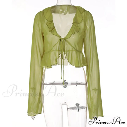 Trim Lace T-Shirt 90S With Chiffon Ruffles Up And Vintage Green Detail