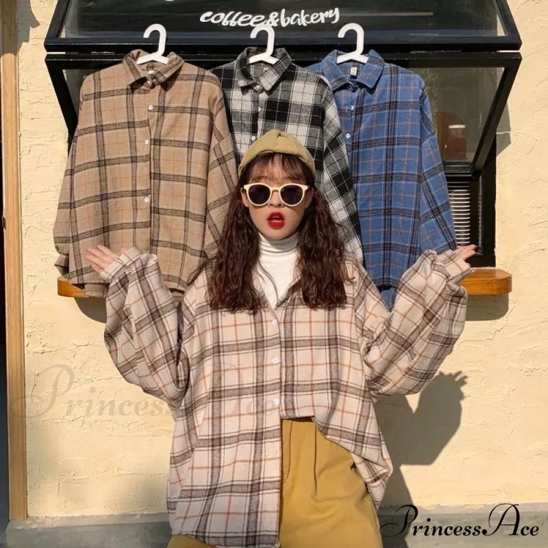 Turn-Down Style Spring - Women’s Plaid Outwear Loose 4 Neckline Blouse Harajuku With Fit