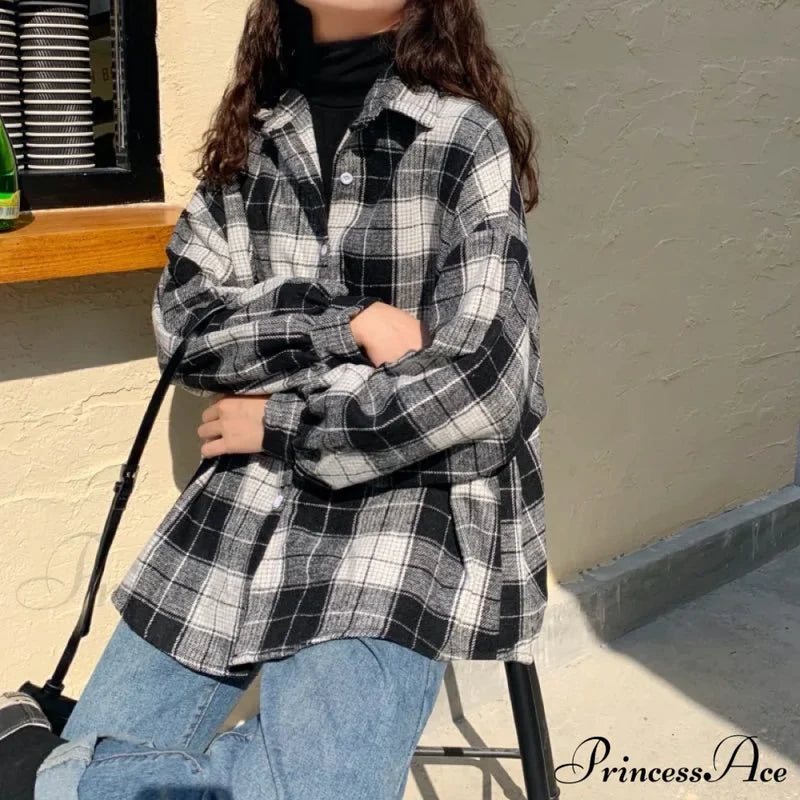 Turn-Down Style Spring - Women’s Plaid Outwear Loose 4 Neckline Blouse Harajuku With Fit