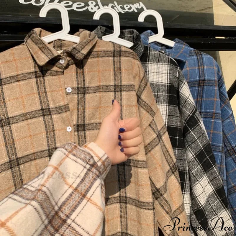 Turn-Down Style Spring - Women’s Plaid Outwear Loose 4 Neckline Blouse Harajuku With Fit