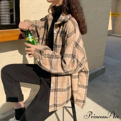 Turn-Down Style Spring - Women’s Plaid Outwear Loose 4 Neckline Blouse Harajuku With Fit