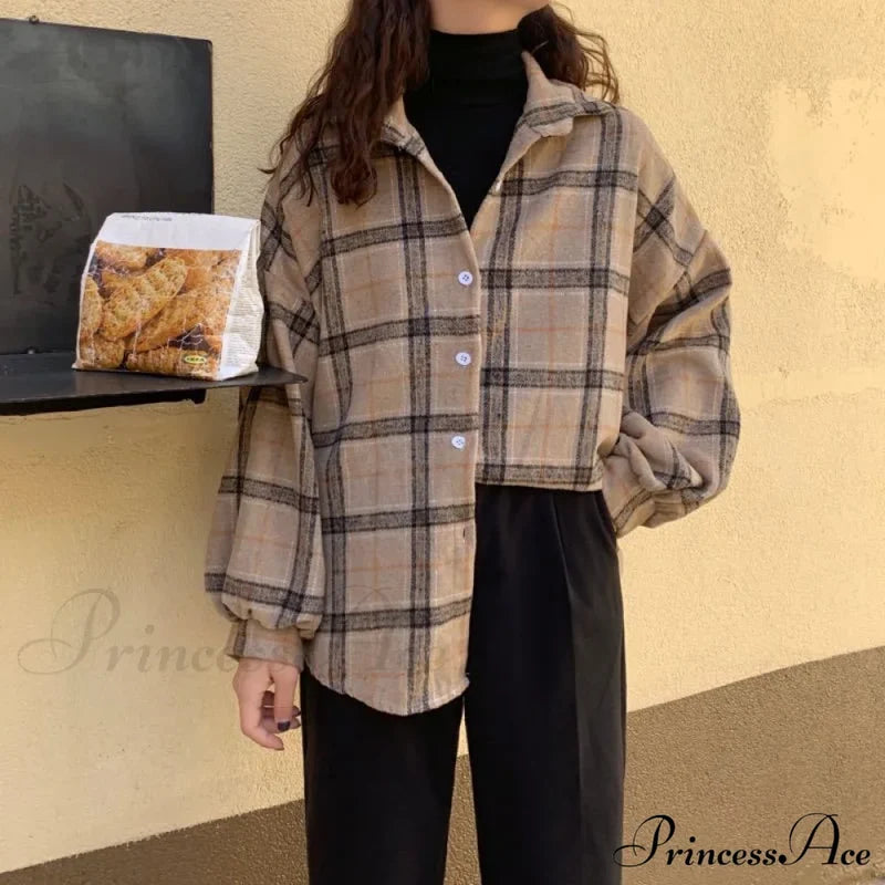 Turn-Down Style Spring - Women’s Plaid Outwear Loose 4 Neckline Blouse Harajuku With Fit