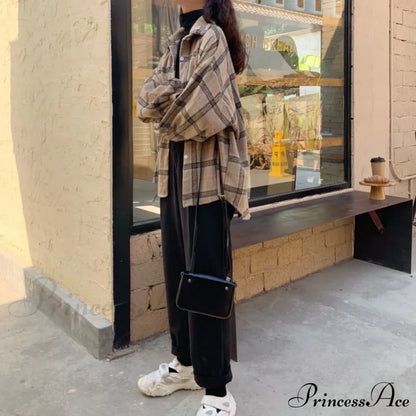 Turn-Down Style Spring - Women’s Plaid Outwear Loose 4 Neckline Blouse Harajuku With Fit