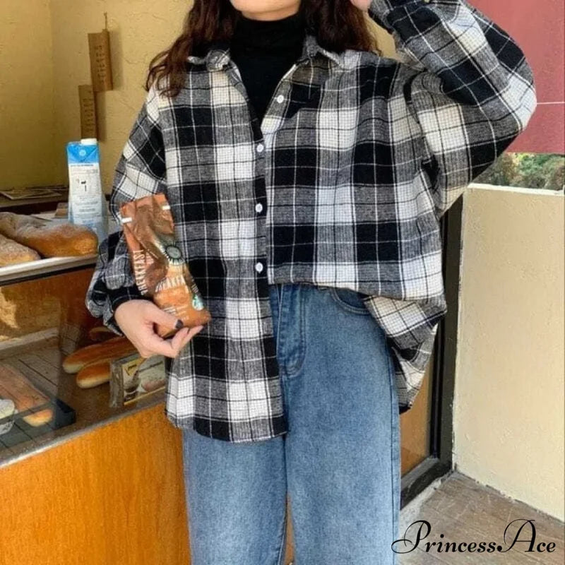 Turn-Down Style Spring - Women’s Plaid Outwear Loose 4 Neckline Blouse Harajuku With Fit