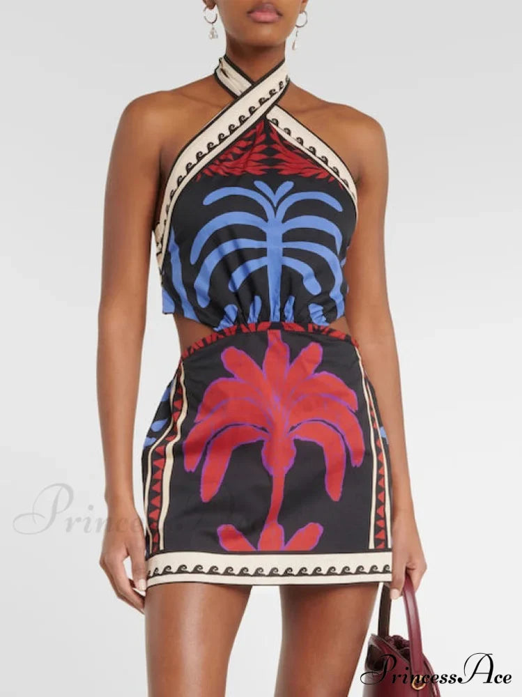 Unique Summer Print Charming Halter Neck Mini Dress Multi-Color / S Dresses