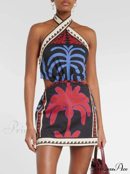Unique Summer Print Charming Halter Neck Mini Dress Multi-Color / S Dresses