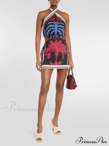 Unique Summer Print Charming Halter Neck Mini Dress Dresses