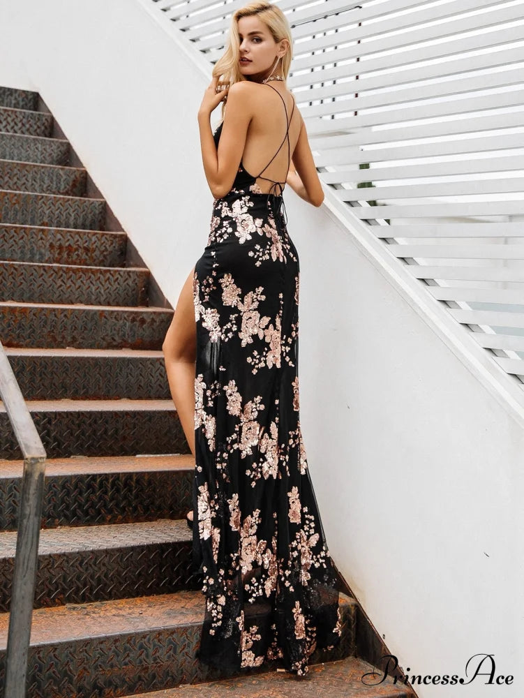 Up Split - Lace Party Halter Long Sequin Christmas Gown For Full-Length Evening High With Length