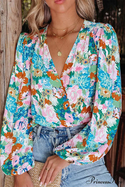 V Design Puff Neck Flowered Arm Shirt Blouses