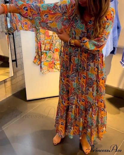 Print V neck A-Line Maxi Dress Multicolor 2023 f/w 23BF casual dress Casual Dresses Clothes Dresses spring vacation dresses