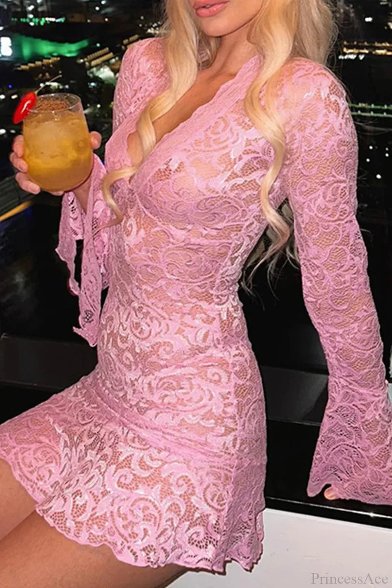 V Neck Flares Sleeve Lace Dress Mini Dresses