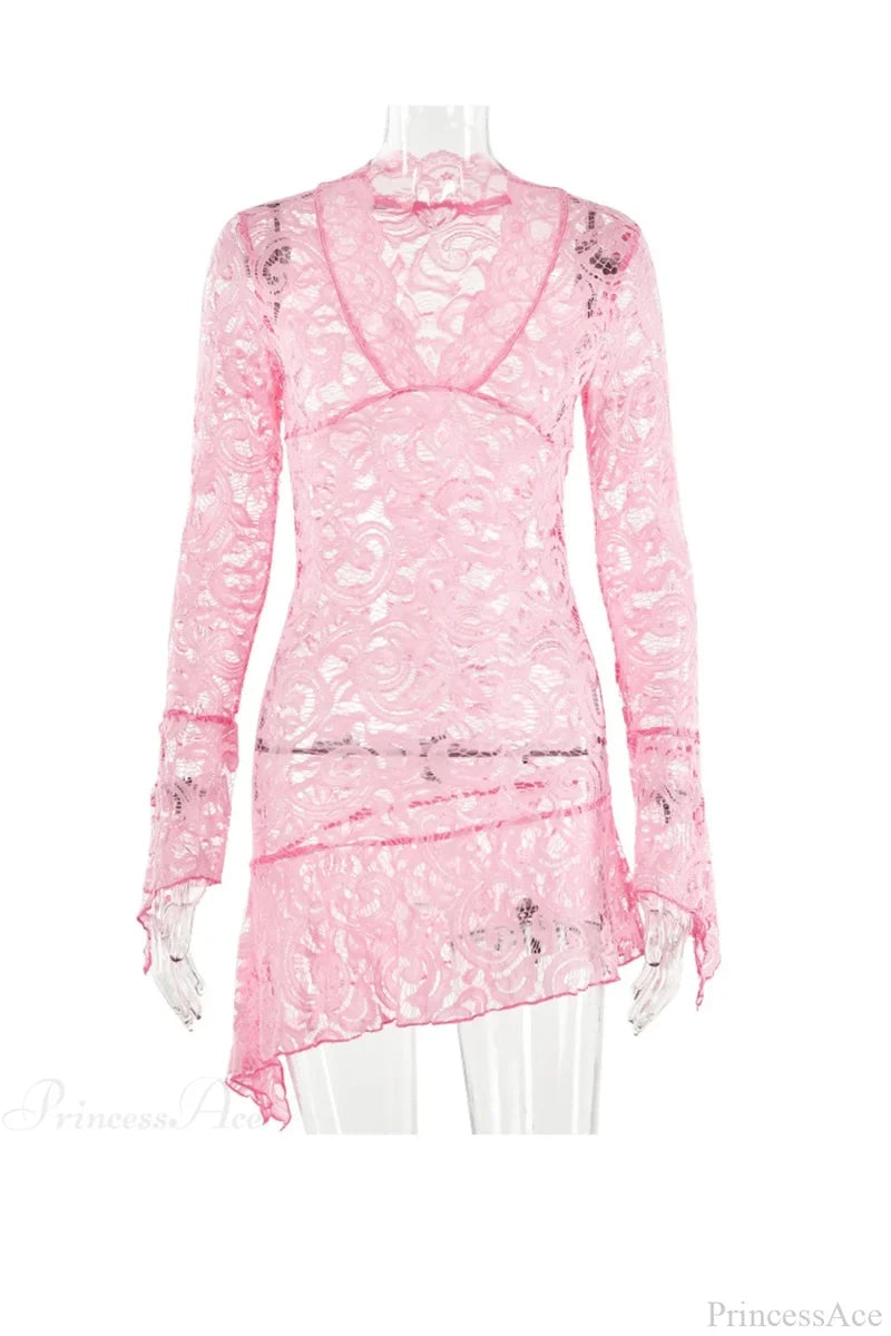 V Neck Flares Sleeve Lace Dress Mini Dresses