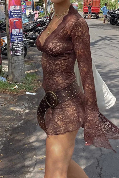 V Neck Flares Sleeve Lace Dress Brown / M Mini Dresses