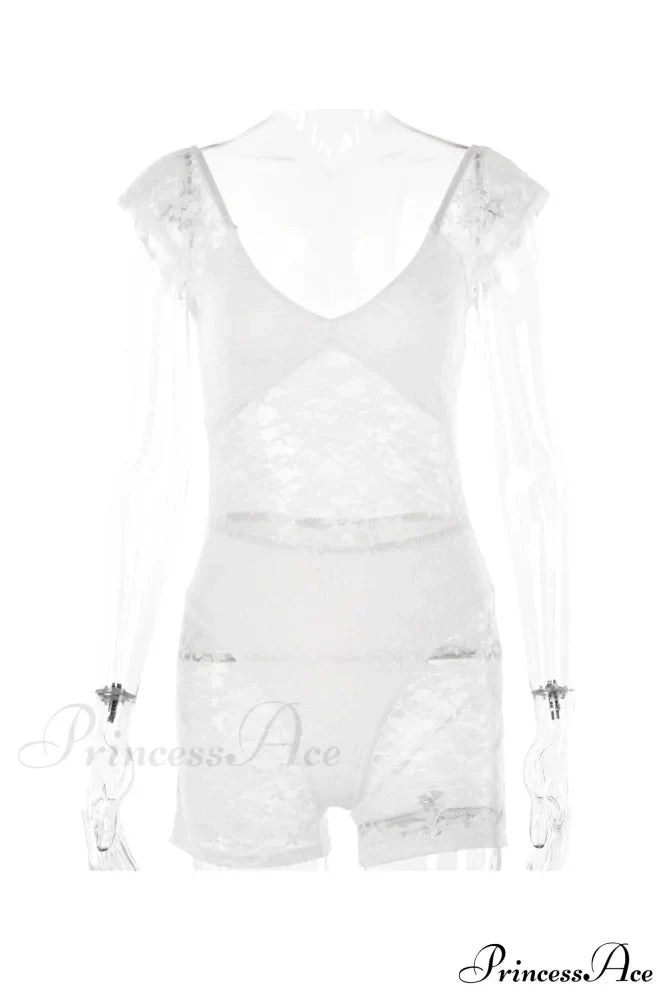 V Neck Lace Bodycon Rompers With Short Sleeves