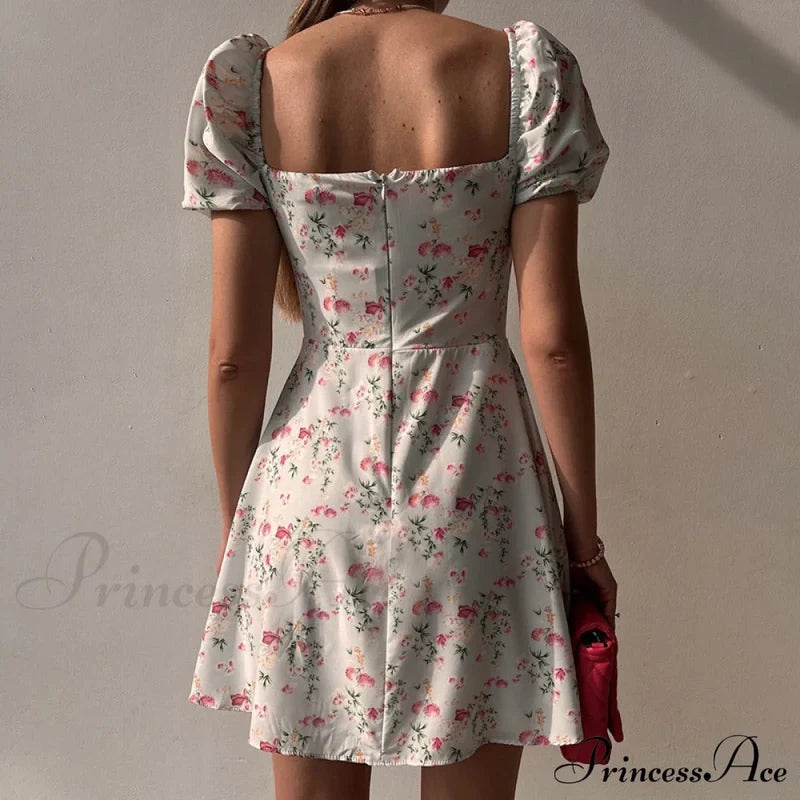 V-Neck Lace Up Lantern Sleeve Ruffles Dress M / White Dresses