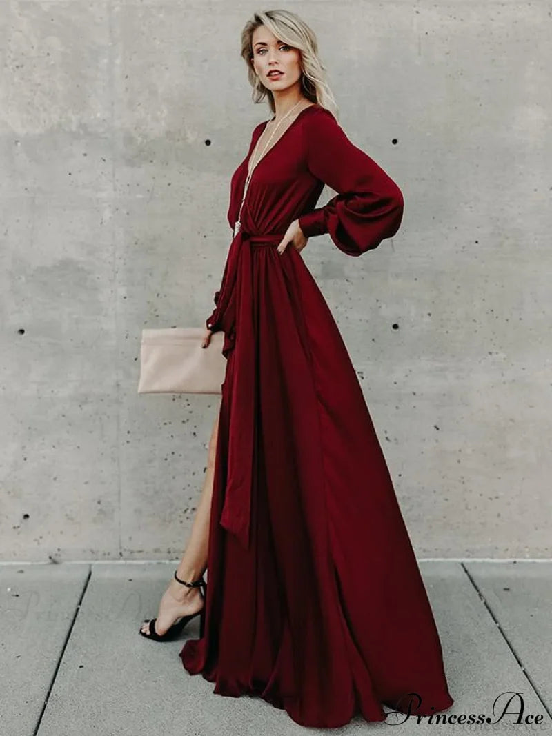 V-Neck Long Sleeves Belted Maxi Dress M / Green Dresses