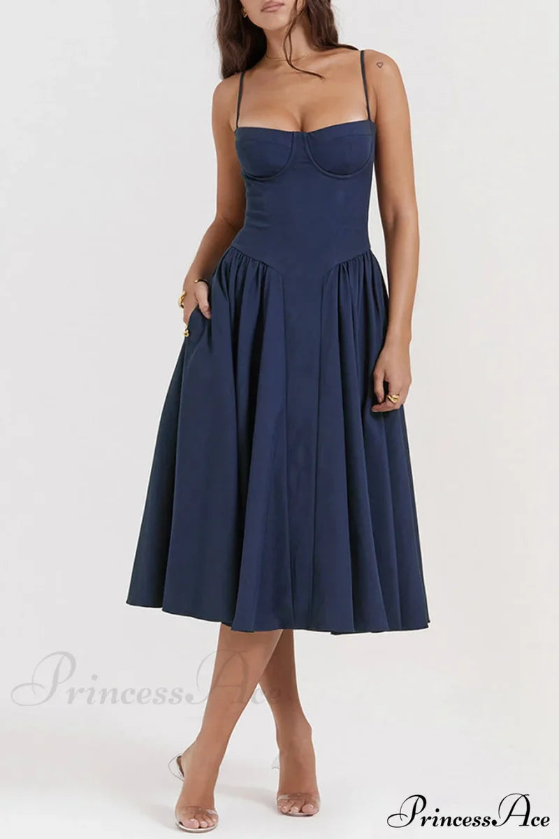 V-Neck Strapless Stylish Midi Dress Navy Blue / Xs Dresses