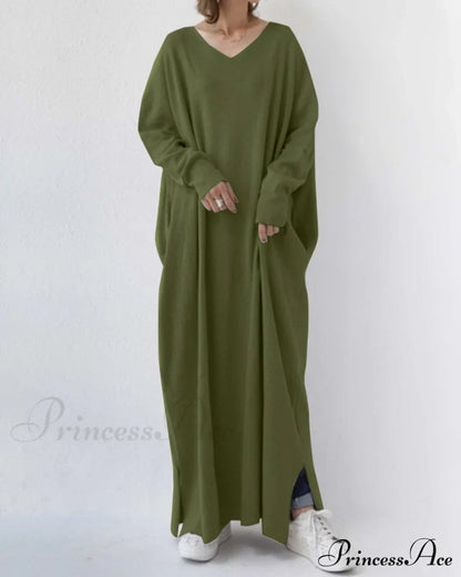 Long sleeve v neck swing dress Army green 2022 f/w 23BF casual dresses Clothes Dresses