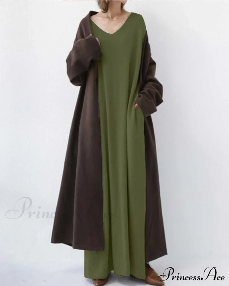 V Neck Swing Dress - Long Sleeve Dresses