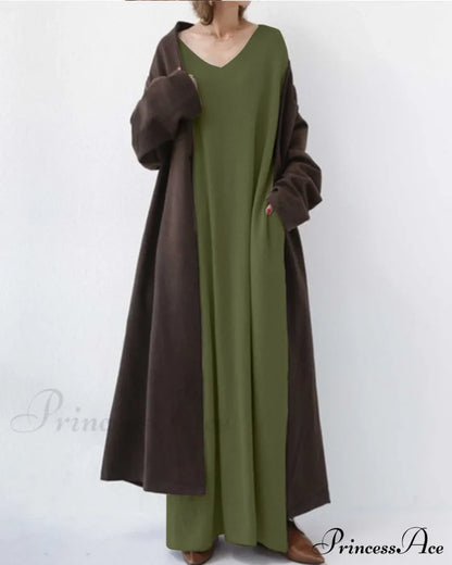 V Neck Swing Dress - Long Sleeve Dresses
