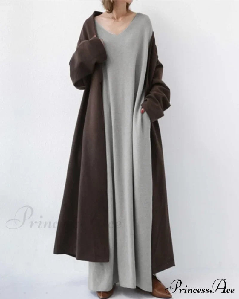V Neck Swing Dress - Long Sleeve Dresses