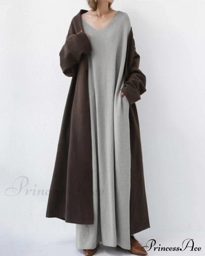 V Neck Swing Dress - Long Sleeve Dresses