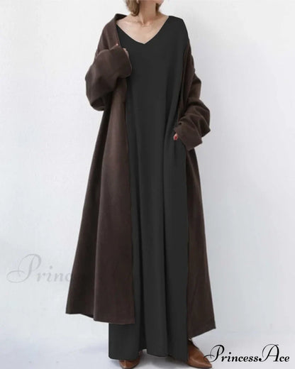 V Neck Swing Dress - Long Sleeve Dresses