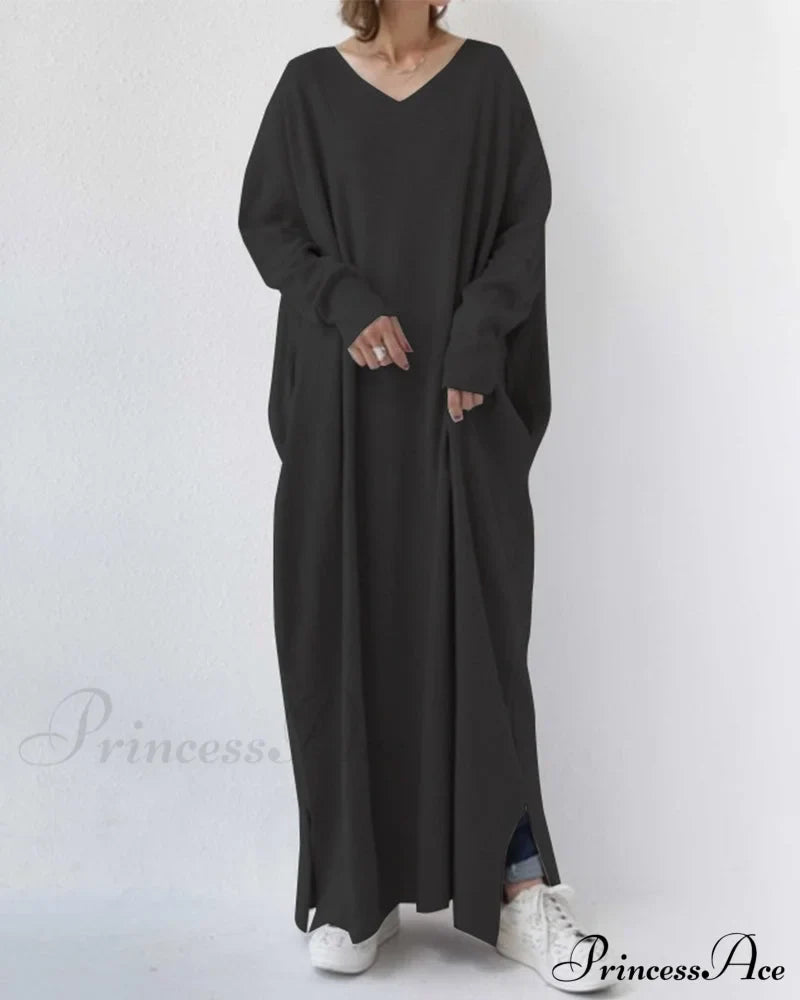 Long sleeve v neck swing dress Black 2022 f/w 23BF casual dresses Clothes Dresses