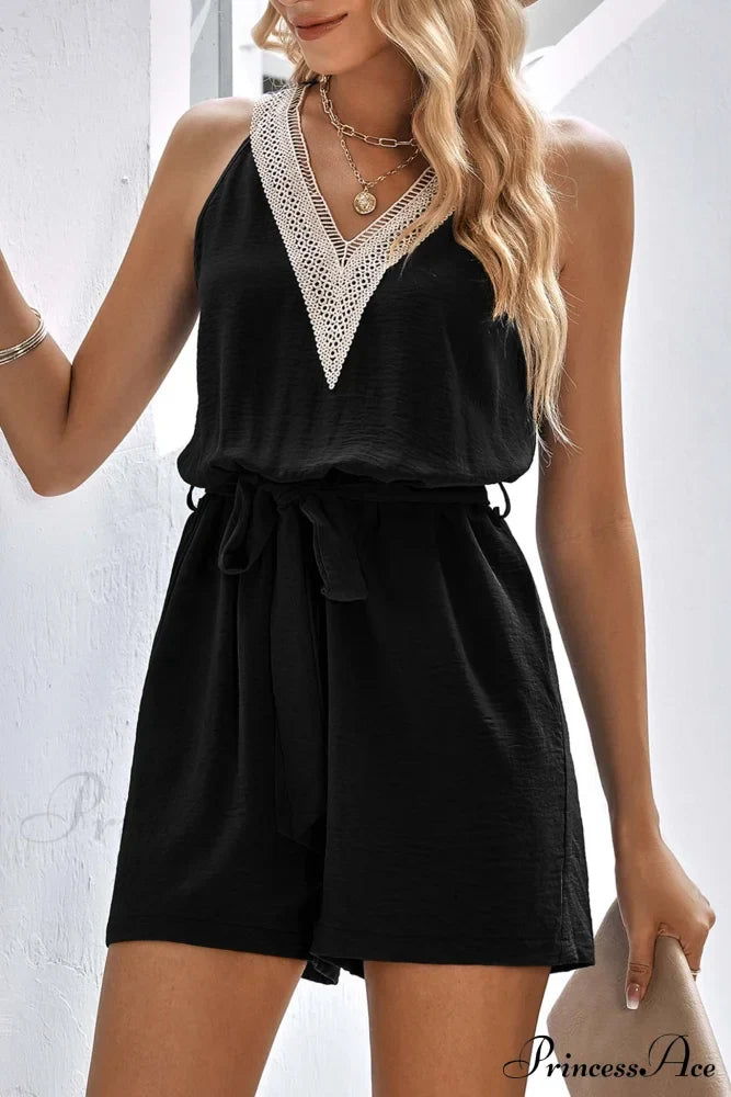 V Neck Tie-Waist Rompers With Lacework Black / M