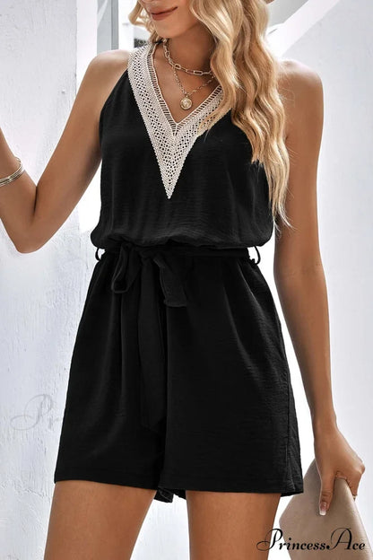 V Neck Tie-Waist Rompers With Lacework Black / M