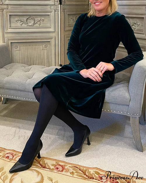 Pocket Velvet Round Neck Dress Dark Green 2023 f/w 23BF casual dresses Clothes Dresses