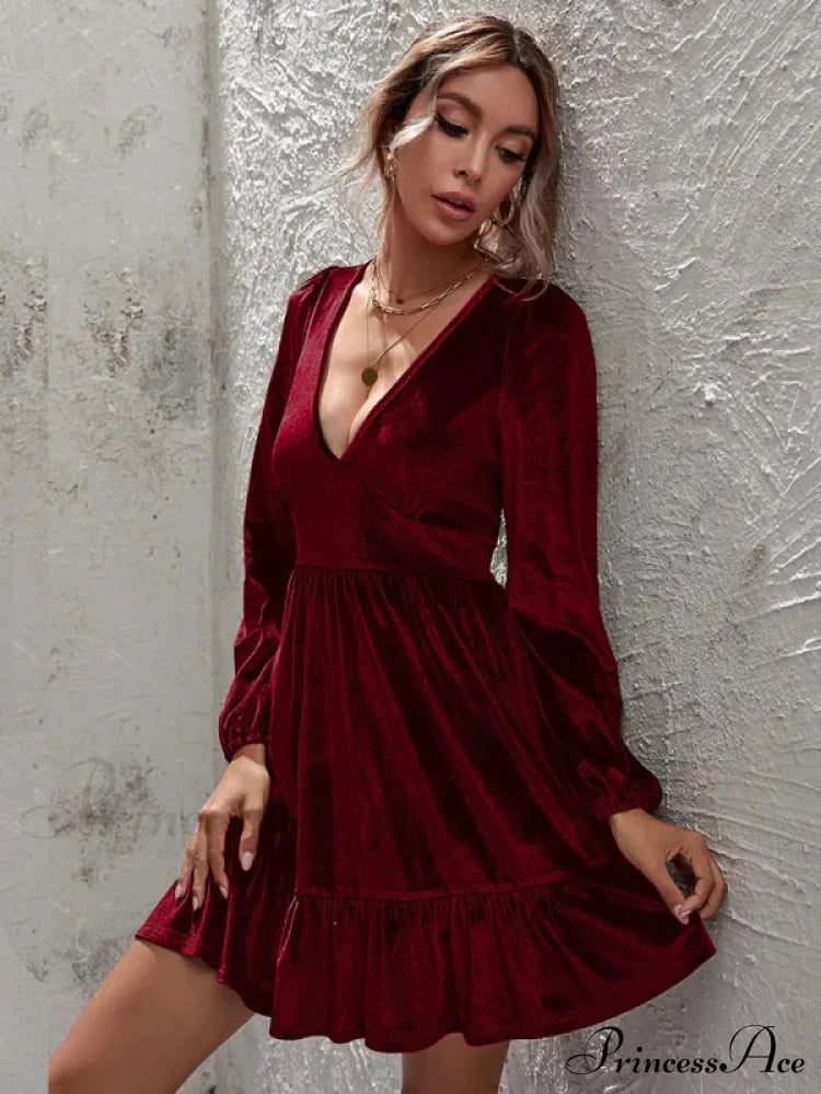 Velvet Ruffled Dress With Deep V-Neck And Puff Sleeves Xs / Burgundy