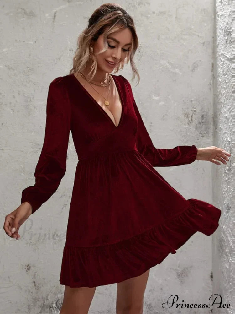 Velvet Ruffled Dress With Deep V-Neck And Puff Sleeves Xs / Black