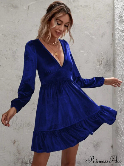 Velvet Ruffled Dress With Deep V-Neck And Puff Sleeves Xs / Blue