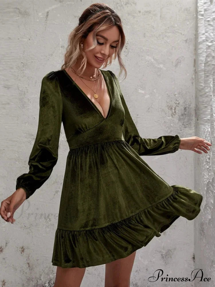 Velvet Ruffled Dress With Deep V-Neck And Puff Sleeves S / Burgundy