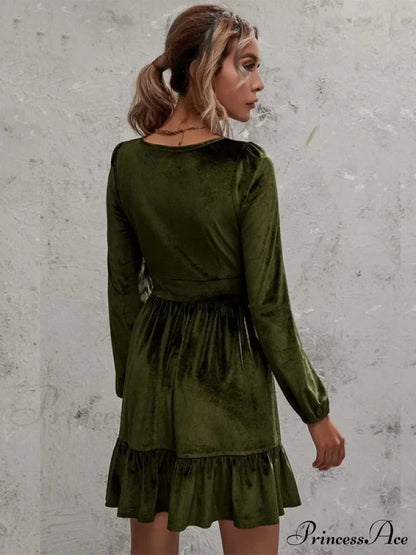 Velvet Ruffled Dress With Deep V-Neck And Puff Sleeves S / Black