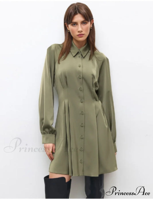 Vintage Green Office Long Sleeve Lapel Short Dress For Autumn S / Green Dresses