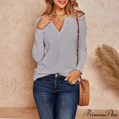 Waffle Neck Tops Knit Henley V For Women
