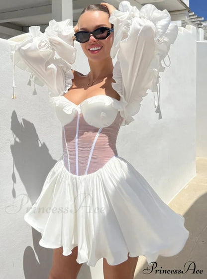 Waist Lace Perspective Arm Long Dress S / White Dresses