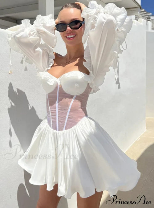 Waist Lace Perspective Arm Long Dress S / White Dresses