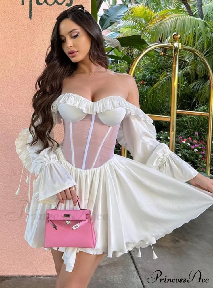 Waist Lace Perspective Arm Long Dress M / White Dresses