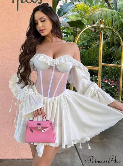 Waist Lace Perspective Arm Long Dress M / White Dresses