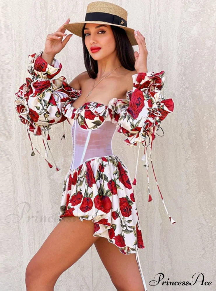 Waist Lace Perspective Arm Long Dress M / Red Dresses