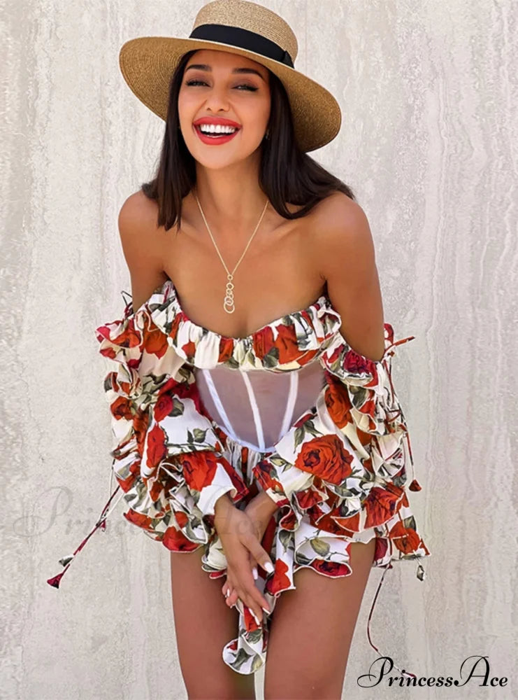 Waist Lace Perspective Arm Long Dress L / White Dresses