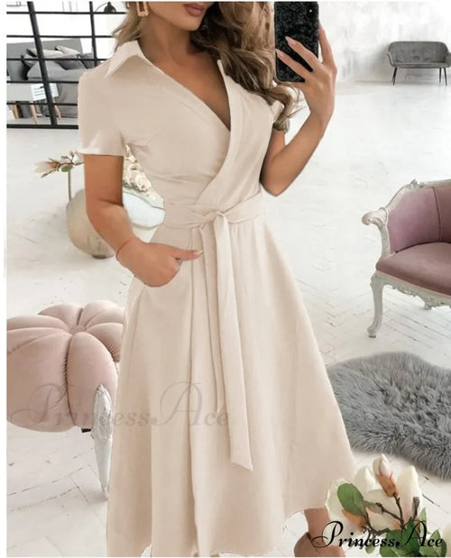 Warm-Season Retro Short-Sleeved V-Neck Gown Party Spring Patterned Fashion Belt