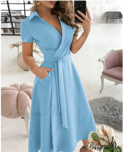 Warm-Season Retro Short-Sleeved V-Neck Gown Party Spring Patterned Fashion Belt