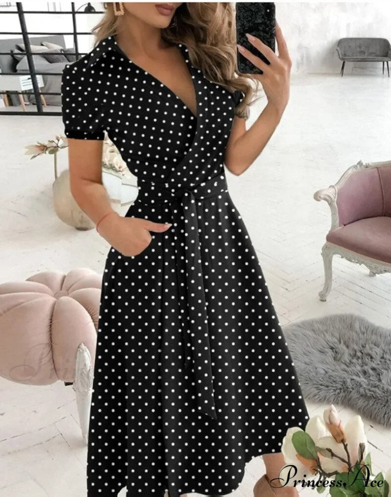 Warm-Season Retro Short-Sleeved V-Neck Gown Party Spring Patterned Fashion Belt Wavelet Dot
