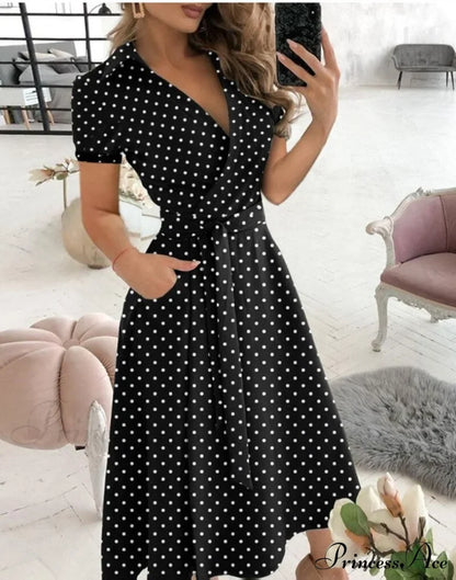 Warm-Season Retro Short-Sleeved V-Neck Gown Party Spring Patterned Fashion Belt Wavelet Dot