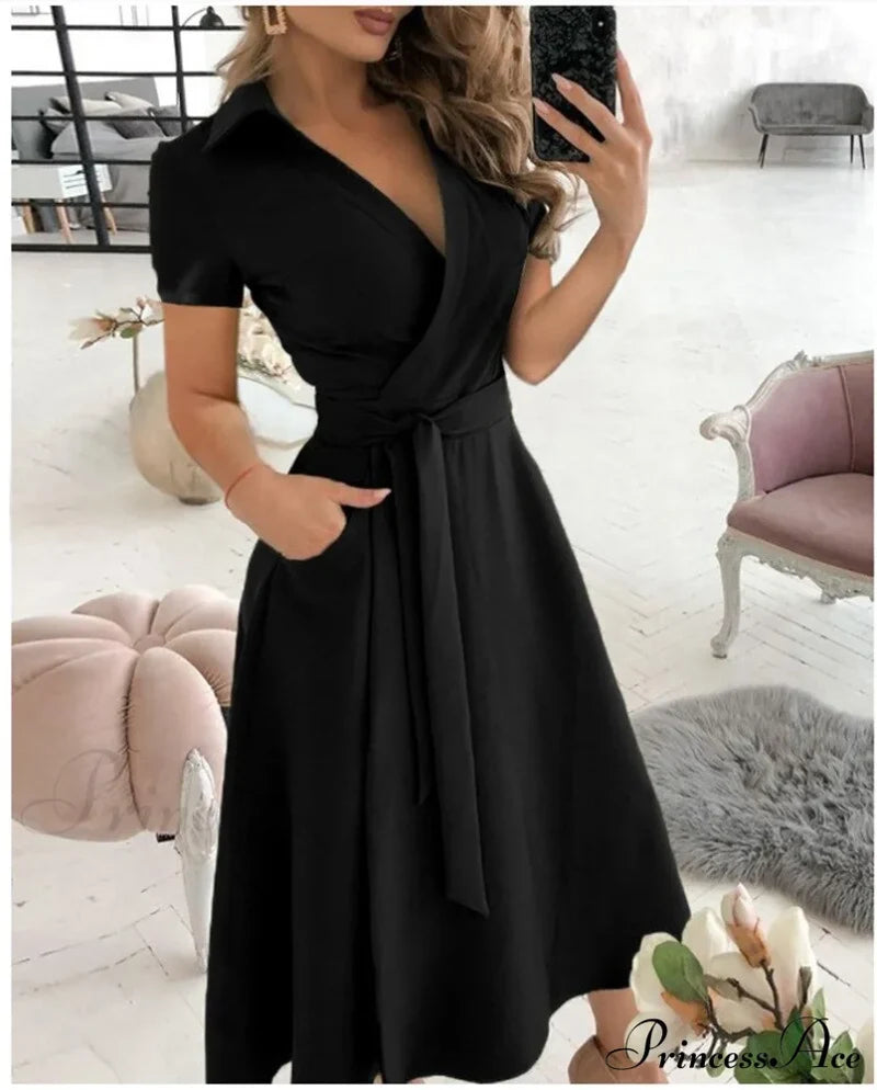 Warm-Season Retro Short-Sleeved V-Neck Gown Party Spring Patterned Fashion Belt Black / S