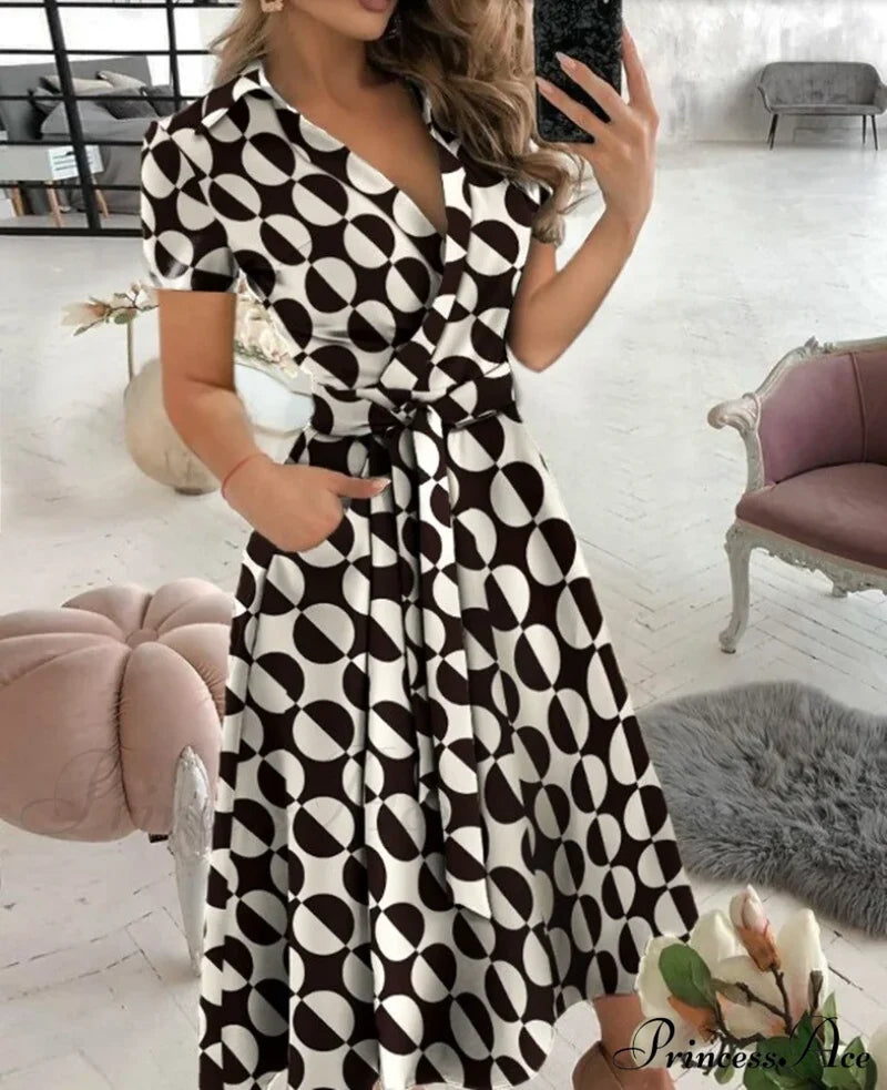Warm-Season Retro Short-Sleeved V-Neck Gown Party Spring Patterned Fashion Belt Big Polka Dot